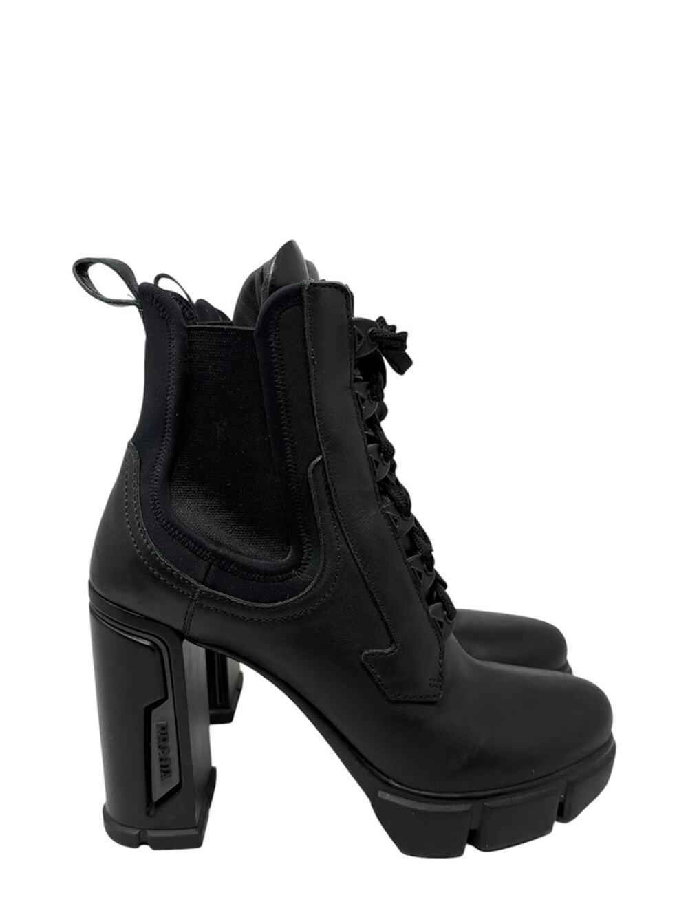 Prada Leather Lace Up Chunky Black Combat Moto Lug Sole Ankle Boots Size 40
